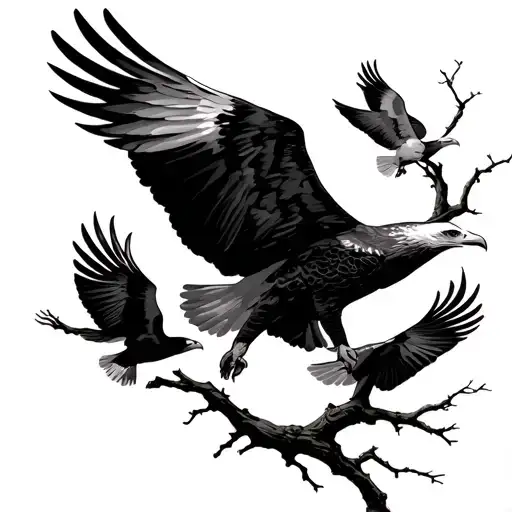 Eagle Flying With Birds On A Branch