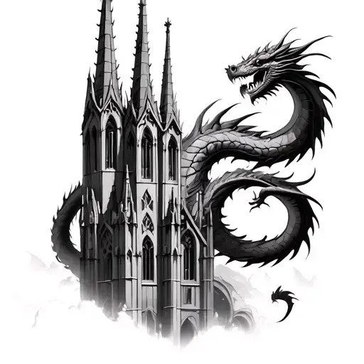 Detailed Cathedral Spire With Traditional Dragon Weaving Throughout Black And Grey