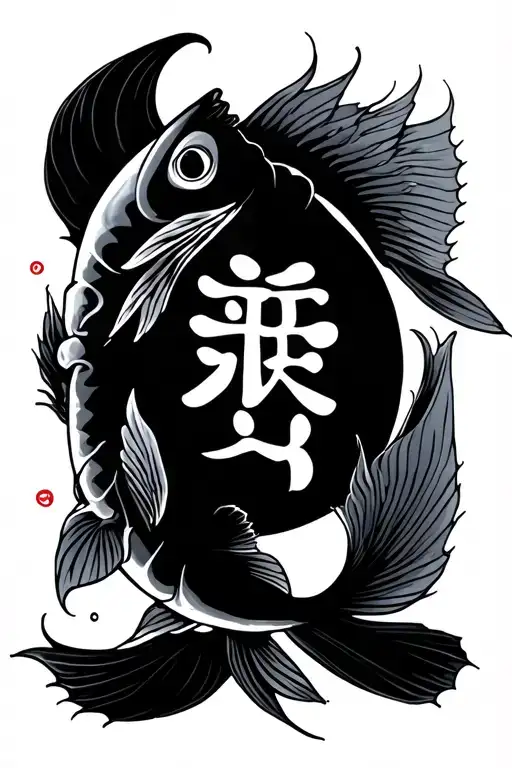 Fish Japan Style Calligraphy Brush And The Sun