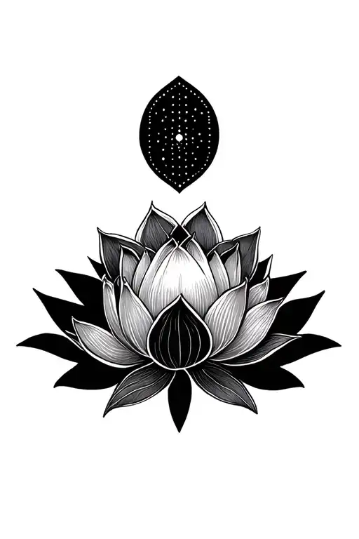 Geometric Pattern With Blooming Lotus In The Center With Crescent Moon Above With Dot Work