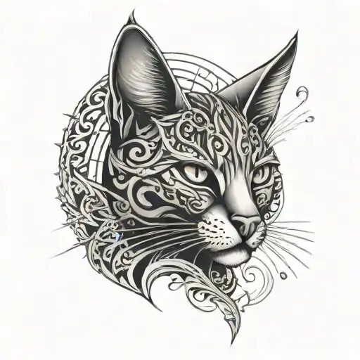 A Sleek And Modern Interpretation Of A Cat With Intricate Patterns Resembling Medieval Weaponry