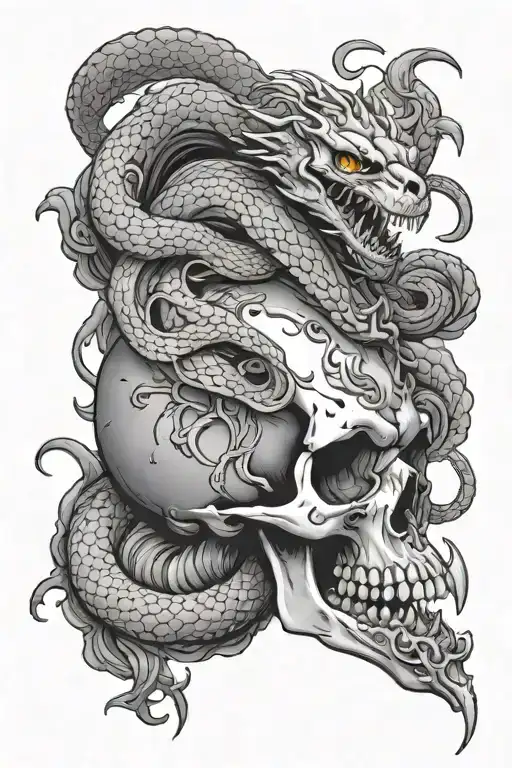 A Skull From Which A Snake Is Coming Out Of The Eyes And A Dragon Is Hovering Over The Head