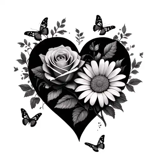 Rose And Daisys In The Outline Of A Heart With Butterflies Around