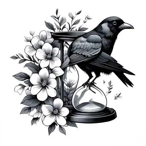 Hourglass With Crow And Flowers