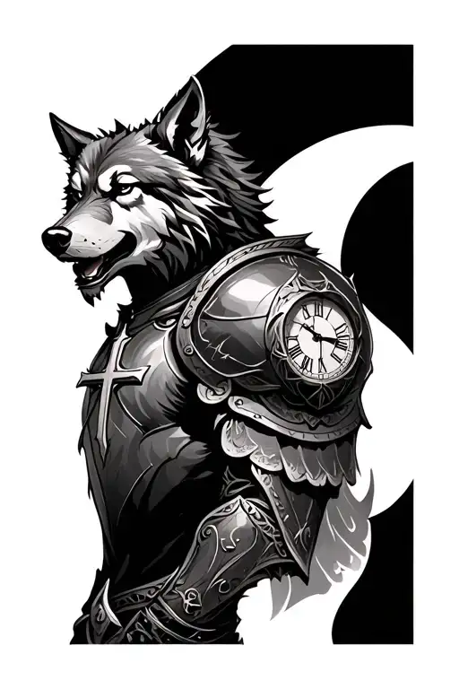 Right Shoulder Armor W Cross On Chest Wolf Head On Shoulder And Roman Numeral Clock On Back