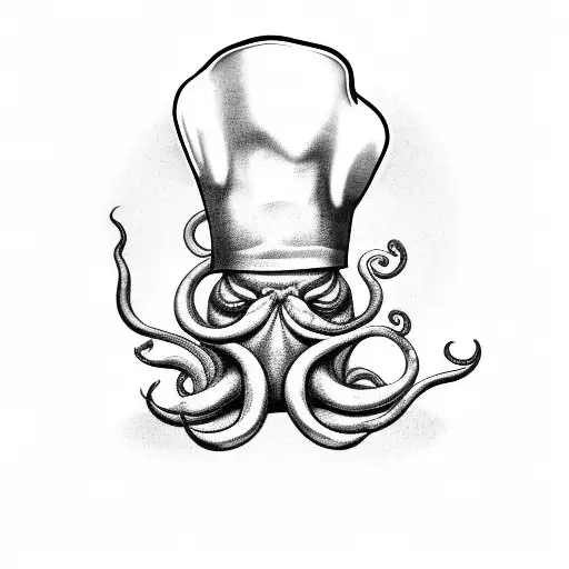 A Black-grey Tattoo Of A Muscular Octopus Cooking In A Chef's Hat
