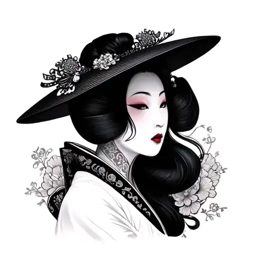 Geisha With Hat And Tattoo All Black