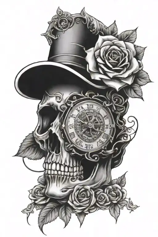 All Seeing Eye Roman Numeral Clock Skull Rose Intertwined