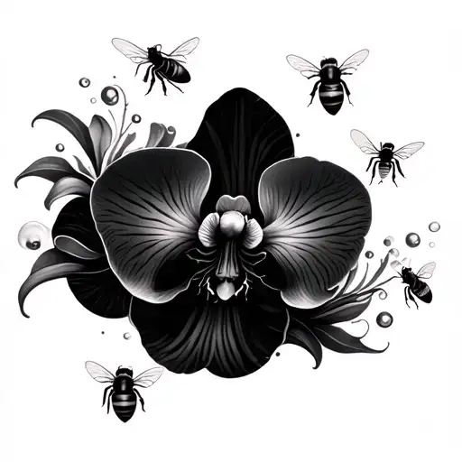 Bees Flying Around Orchid And Honey Waves Forming