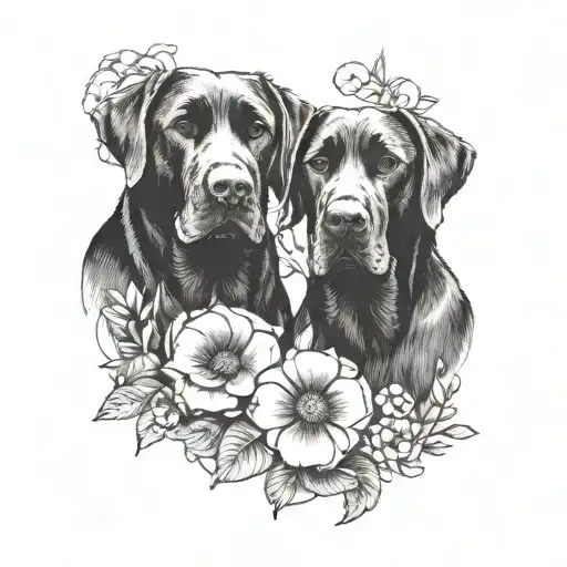 2 Black Labs With Flowers Surrounding