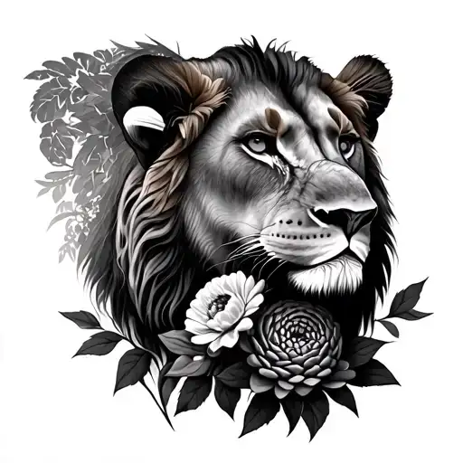 Lioness With Baby And Dhalia Flowers