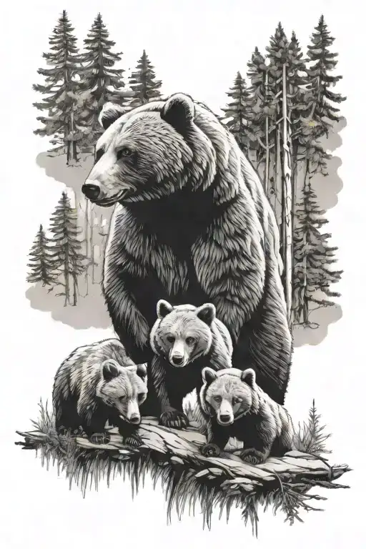 A Fierce Mama Bear Protecting Her Two Playful Cub Bears In A Forest Setting