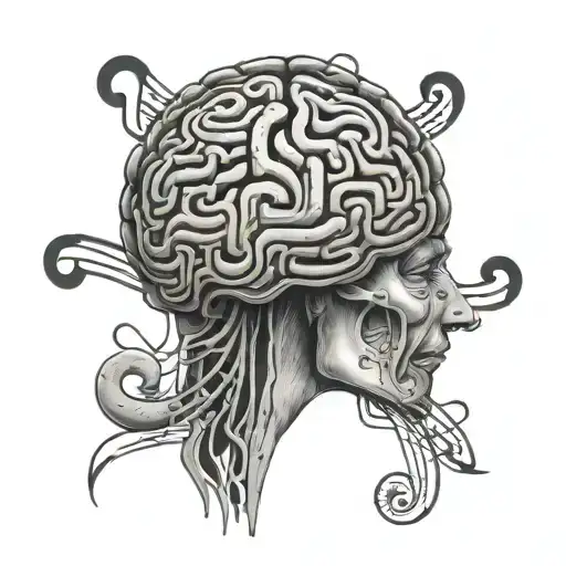 A Detailed Black And Grey Tattoo Of A Brain With Music Notes As The Neural Pathways