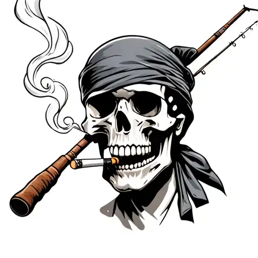 Skull Smoking A Cigarette Wearing A Bandana Holding A Fishing Pole