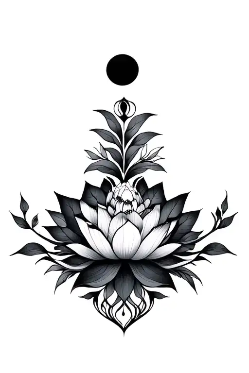 Geometric Vines Below Blooming Lotus With Crescent Moon Above