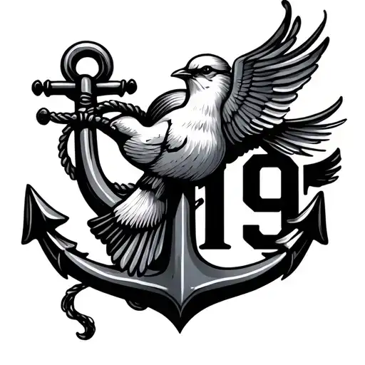Anchor With 1 Bird And Number 19 Beside