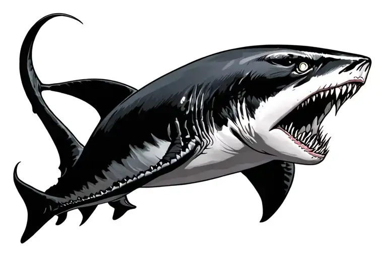 Scary Hammerhead Shark On The Right Chest With Its Tail Reaching Up Onto The Shoulder