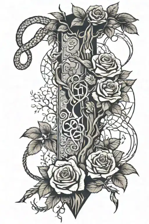 Treescape With Geometric Background And Roses In The Foreground And A Snake And Dagger