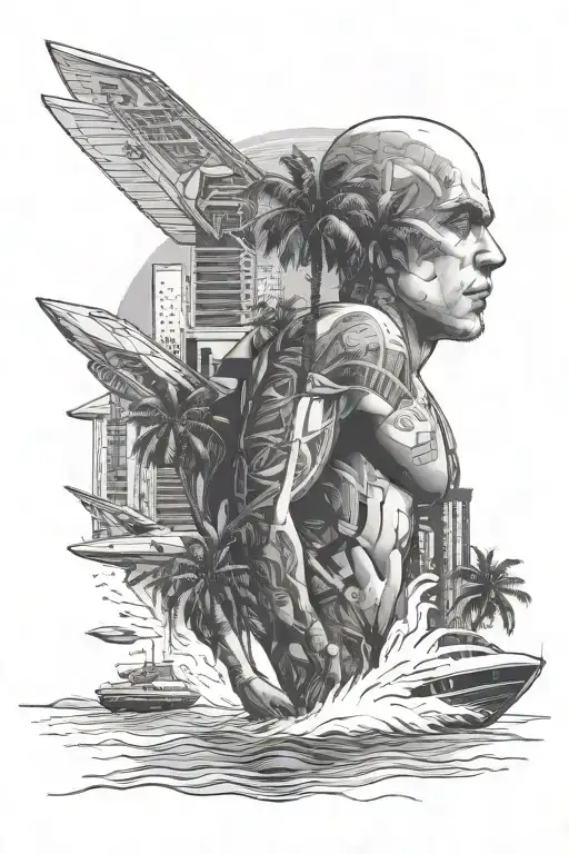 A Men Raise To Fly Over Futuristic Buildings Located On A Beach With Palm Trees