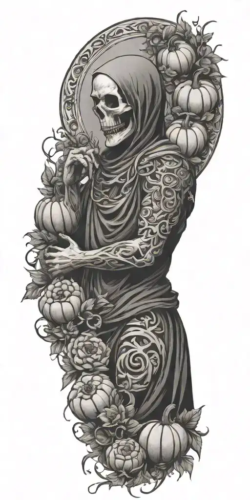 A Ghostly Figure Surrounded By A Wreath Of Flowers And Pumpkins