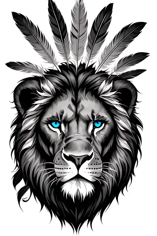 Lion That Represents Courage With Blue Eyes And A Scar In The Face With Indian Feathers On His Head