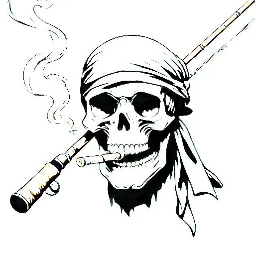Skull Smoking A Cigarette Wearing A Bandana Holding A Fishing Pole