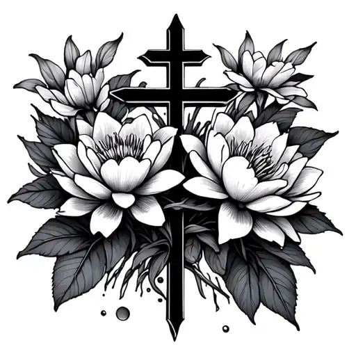 Thin Cross Surrounded By Fine Line Peonies And Fine Line Water Lilys