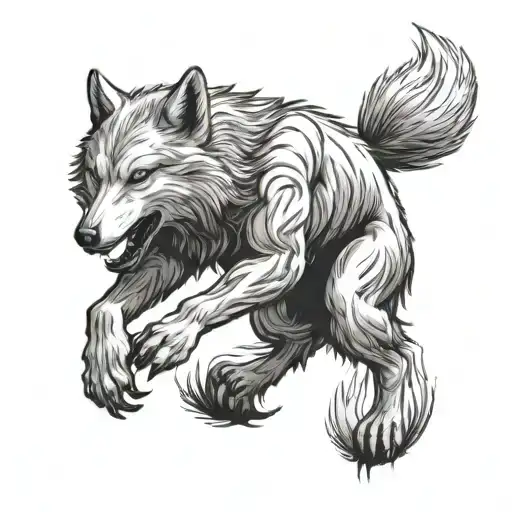 Full Body White Wolf Jumping And Holding A Paint Brush In Mouth Looking Mysterious