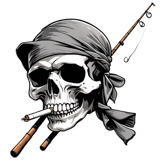Skull Smoking A Cigarette Wearing A Bandana Holding A Fishing Pole