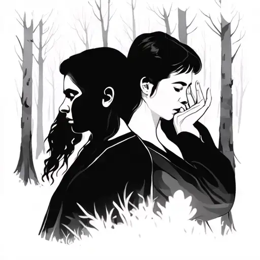 Man And Woman Standing In A Forest Back To Back With Hands On Face