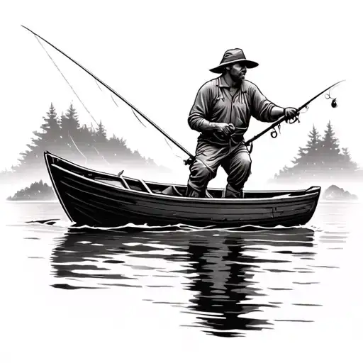 Simple Fisherman Casting A Line In A Boat Floating