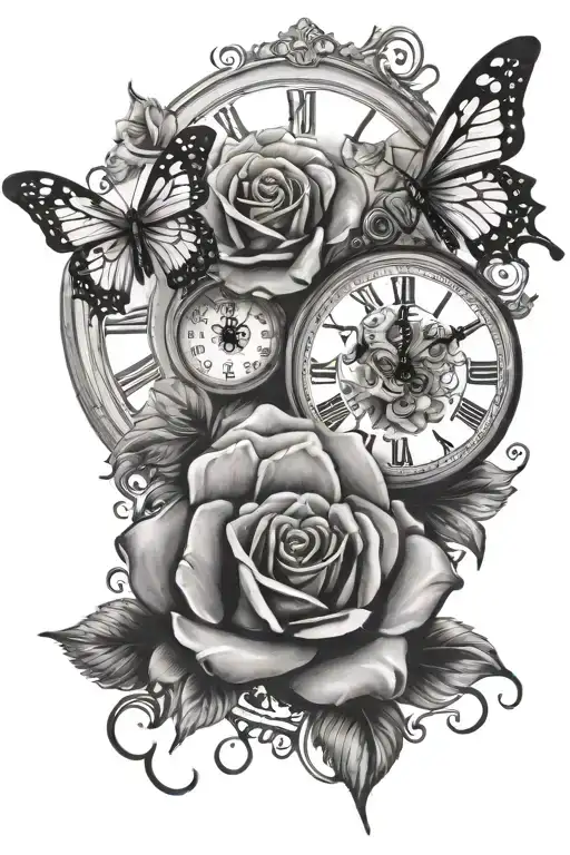 Butterflies And Roses With A Clock