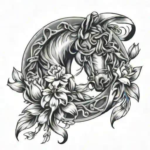 Horse Shoe Covered In Tulips With Ribbons On Top And Bottom