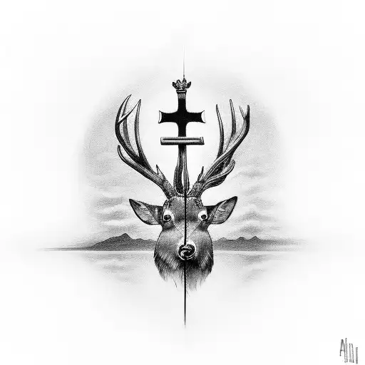 A Black And Grey Tattoo Of A Fish With Deer Antlers Forming The Cross