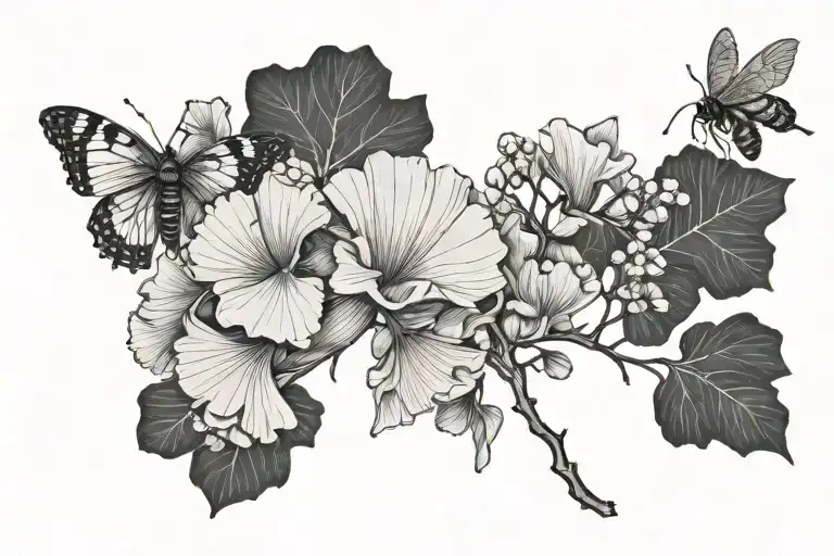 Vegetal Line Ginko Biloba With And A Bee