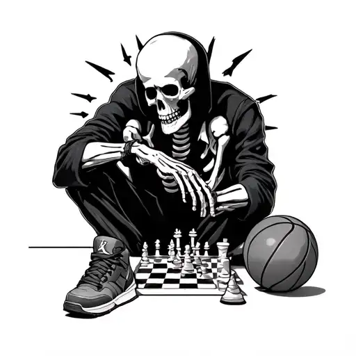 A Gangster Skeleton Playing Chess And Basketball Wearing Jordan Shoes