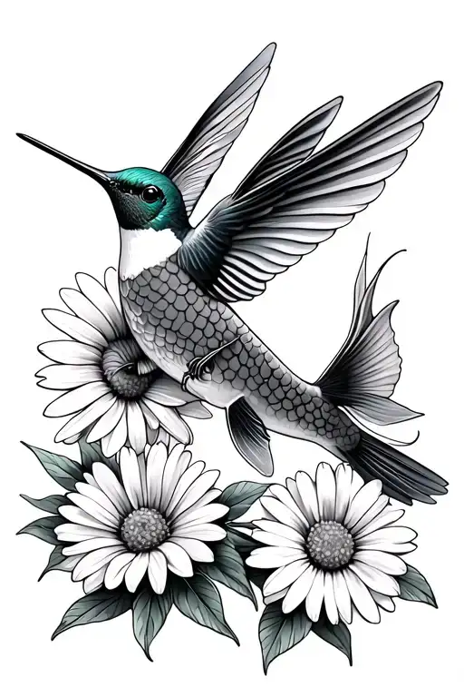 Hummingbird And Daisy Flower And Koi Fish