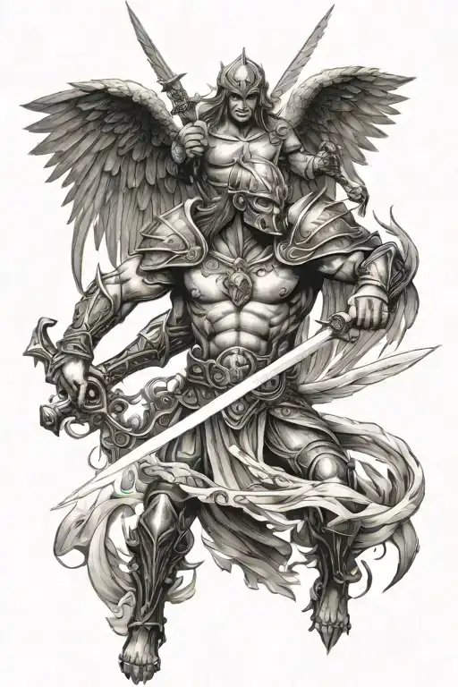 Warrior Angel Killing Demon Wielding A Sword