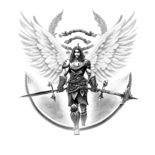 Muscled Warrior With Angel Wings And Holding A Sword And Shield