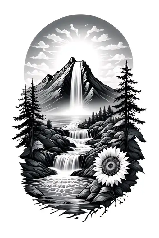 Mountain Waterfall And Sunfl
