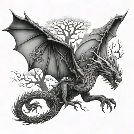 A Dragon Flying Through A Forest Of Intricate Trees