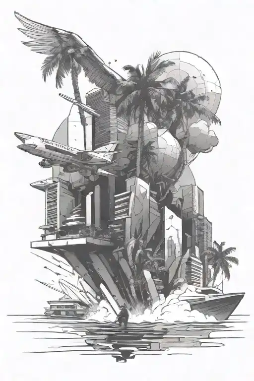 A Men Raise To Fly Over Futuristic Buildings Located On A Beach With Palm Trees