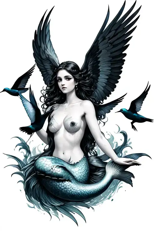 Mermaid Flying Swallows From Her Hands