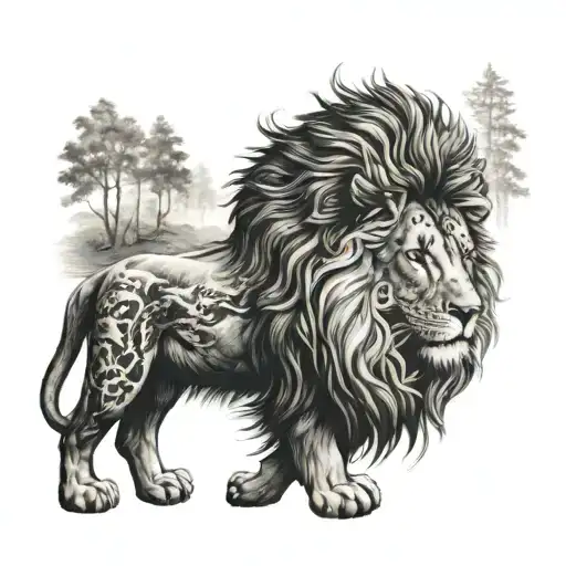 A Majestic Lion Meditating In A Serene Forest Setting