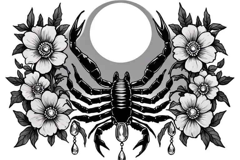 Vines With Flowers With Dangling Jewels With Scorpion In The Center With A Moon Above It