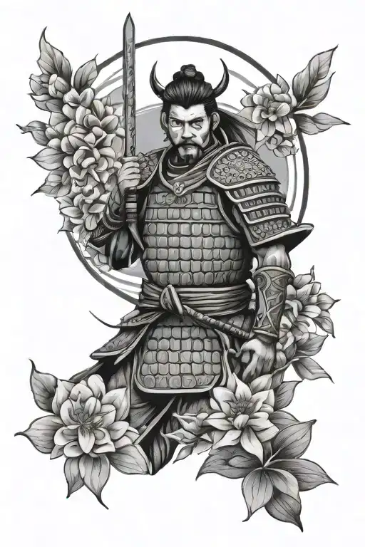 Samurai Warrior With Blooms And The Flower Of Life