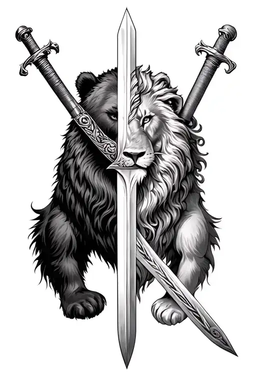 Left Half Bear And Right Half Lion They Are Separated By A Sword And Both Must Be Facing Each Other