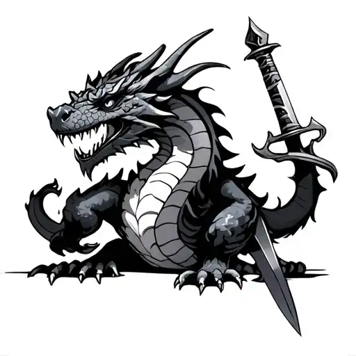 Black And Gray Four Legged Dragon Wrapped Around A Dagger