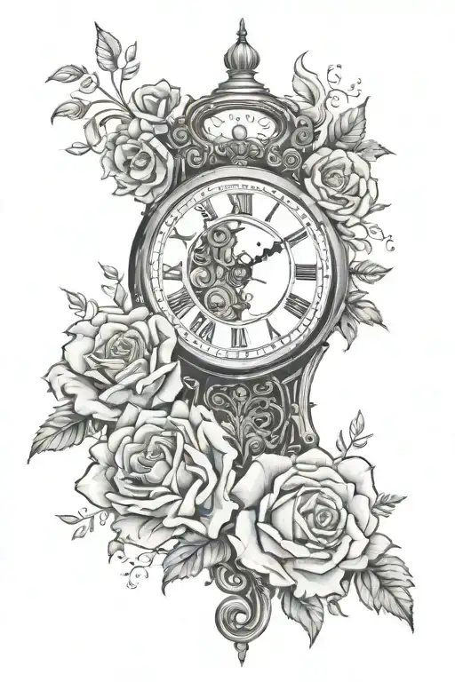 Full Arm Tattoo With Flowers A Broken Antique Clock And 3 Dates