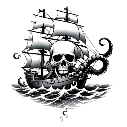 Skull Octopus Sinking Pirate Ship Sailing Through Stormy